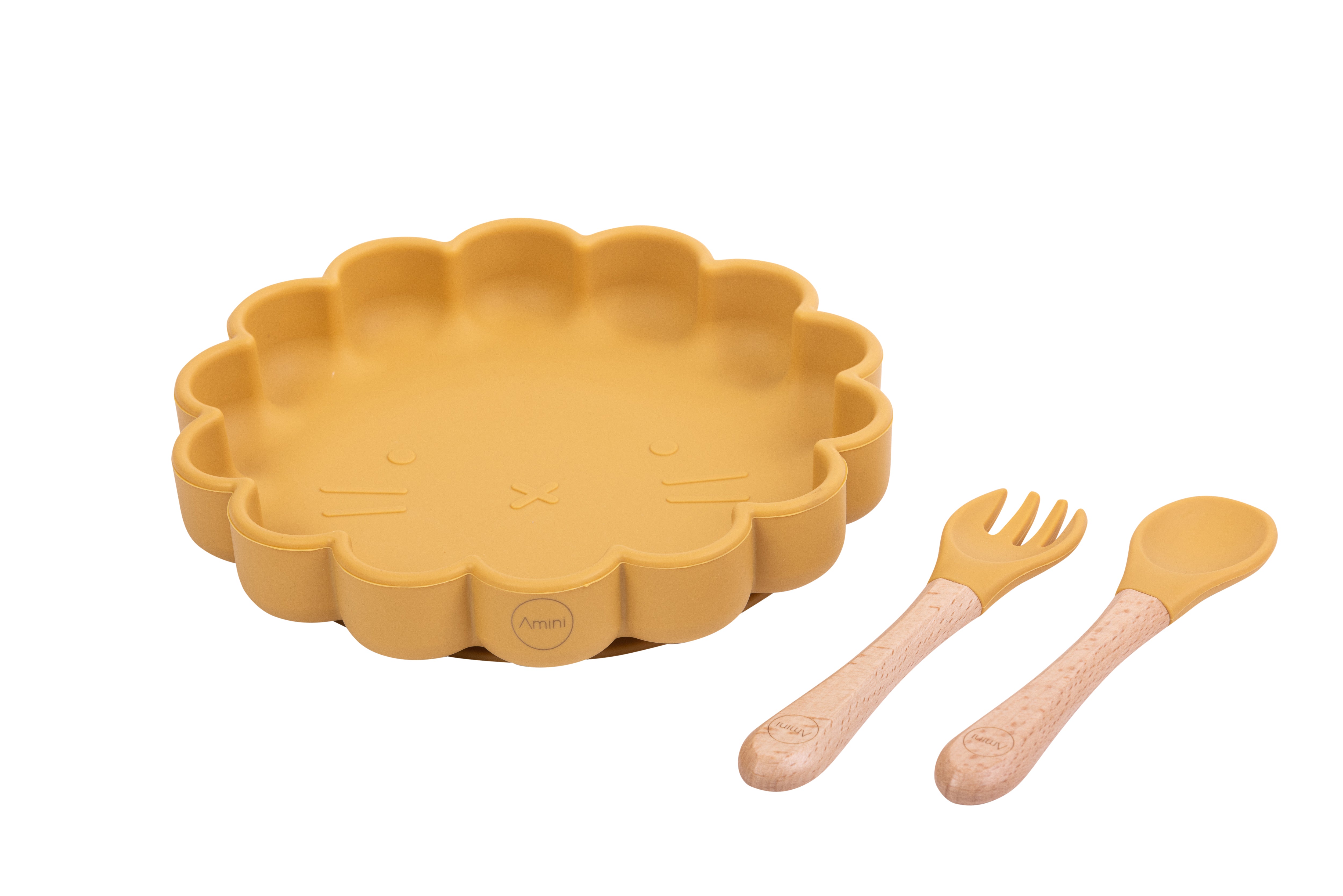 Amini kids Cat Plate with Silicon/Bamboo Spoon and Fork