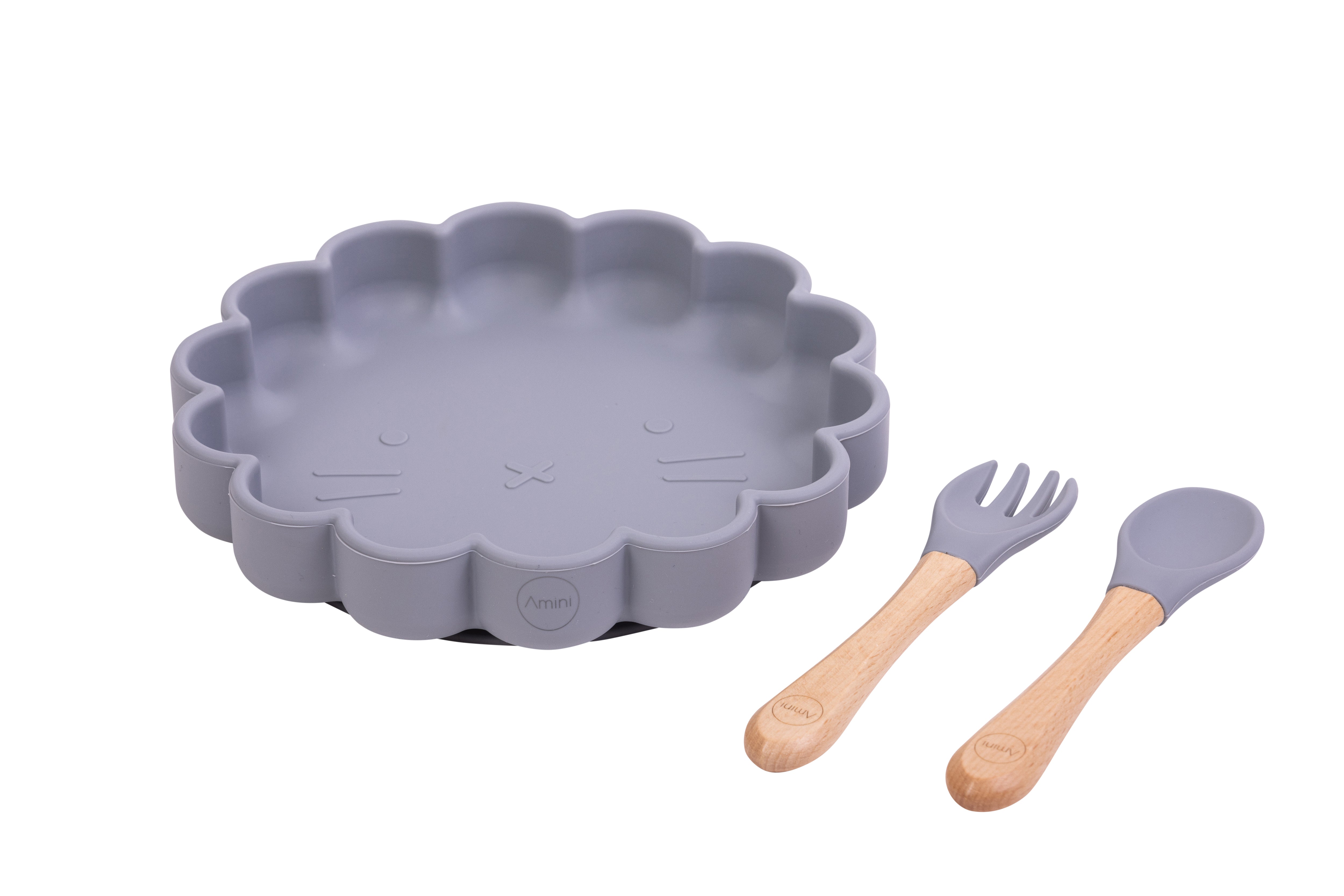 Amini kids Cat Plate with Silicon/Bamboo Spoon and Fork